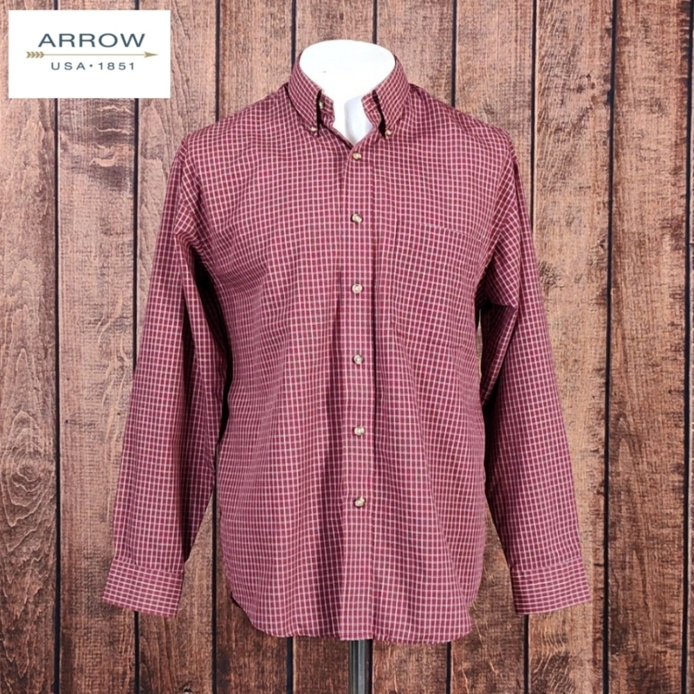 Vintage Mens Red Check Plaid Button Down Long Sleeve Like New
